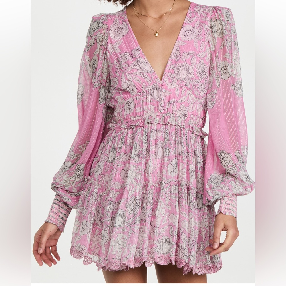 HEMANT & NANDITA Sidra Pink and Gray Ruffled Tiered Short Dress